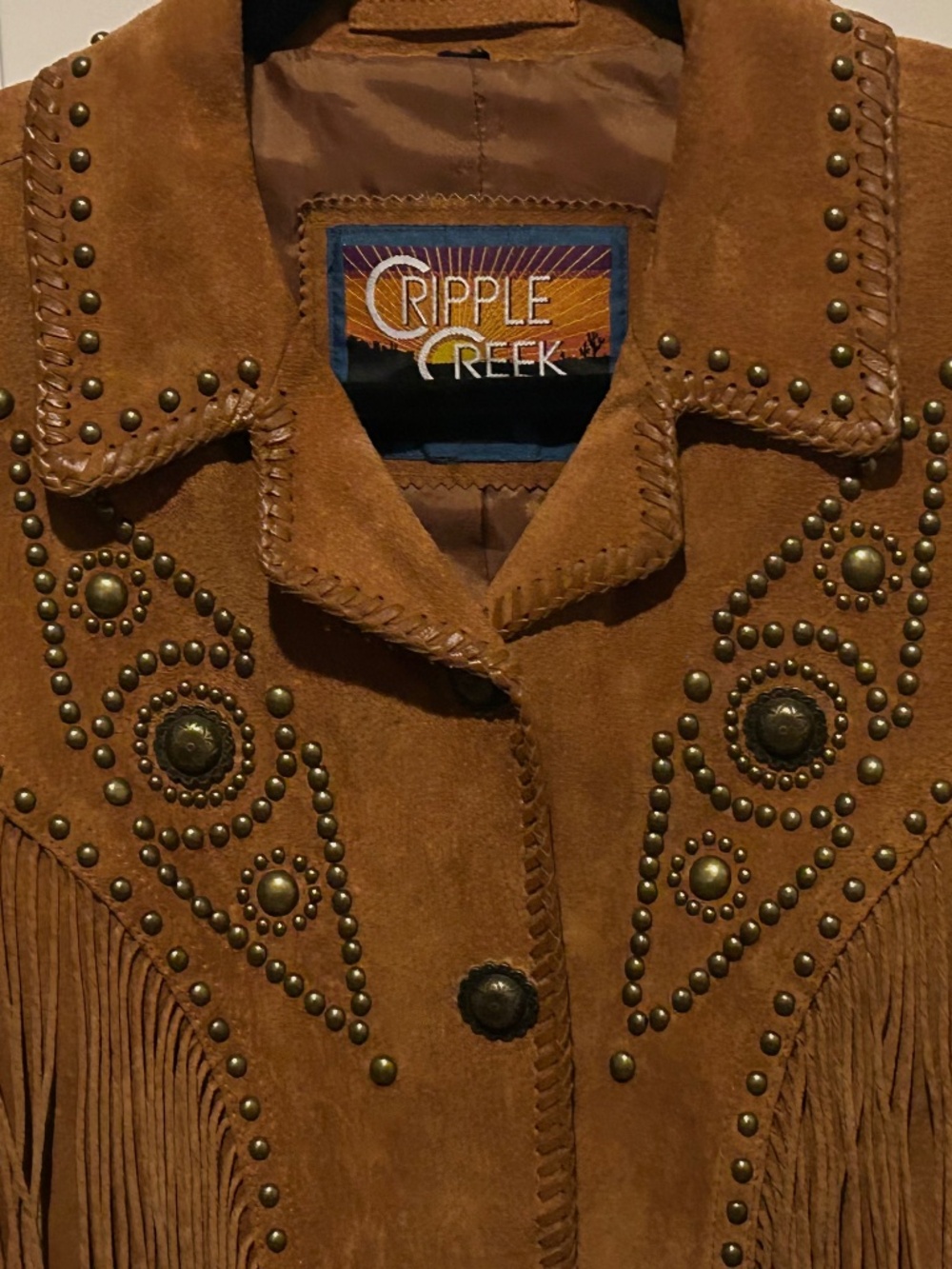 Cripple Creek Studded Fringe Brown Leather Jacket